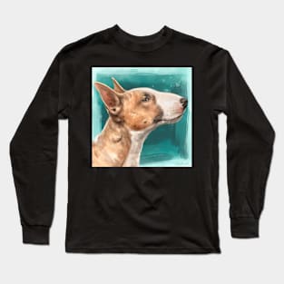 Painting of a Brown and White Bull Terrier on Teal Blue Background Long Sleeve T-Shirt